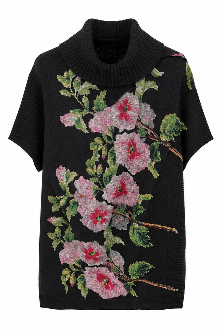 Desigual Γυναικεία Πλεκτή Μπλούζα με Floral Print – Μαύρη-L