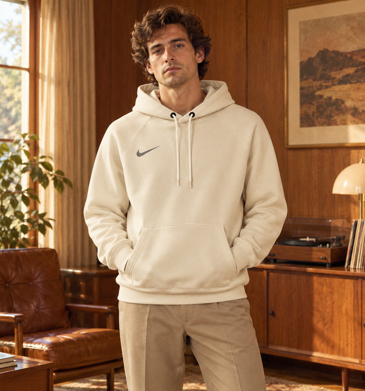 Nike Ανδρικό Φούτερ Εκρού με Κουκούλα - M