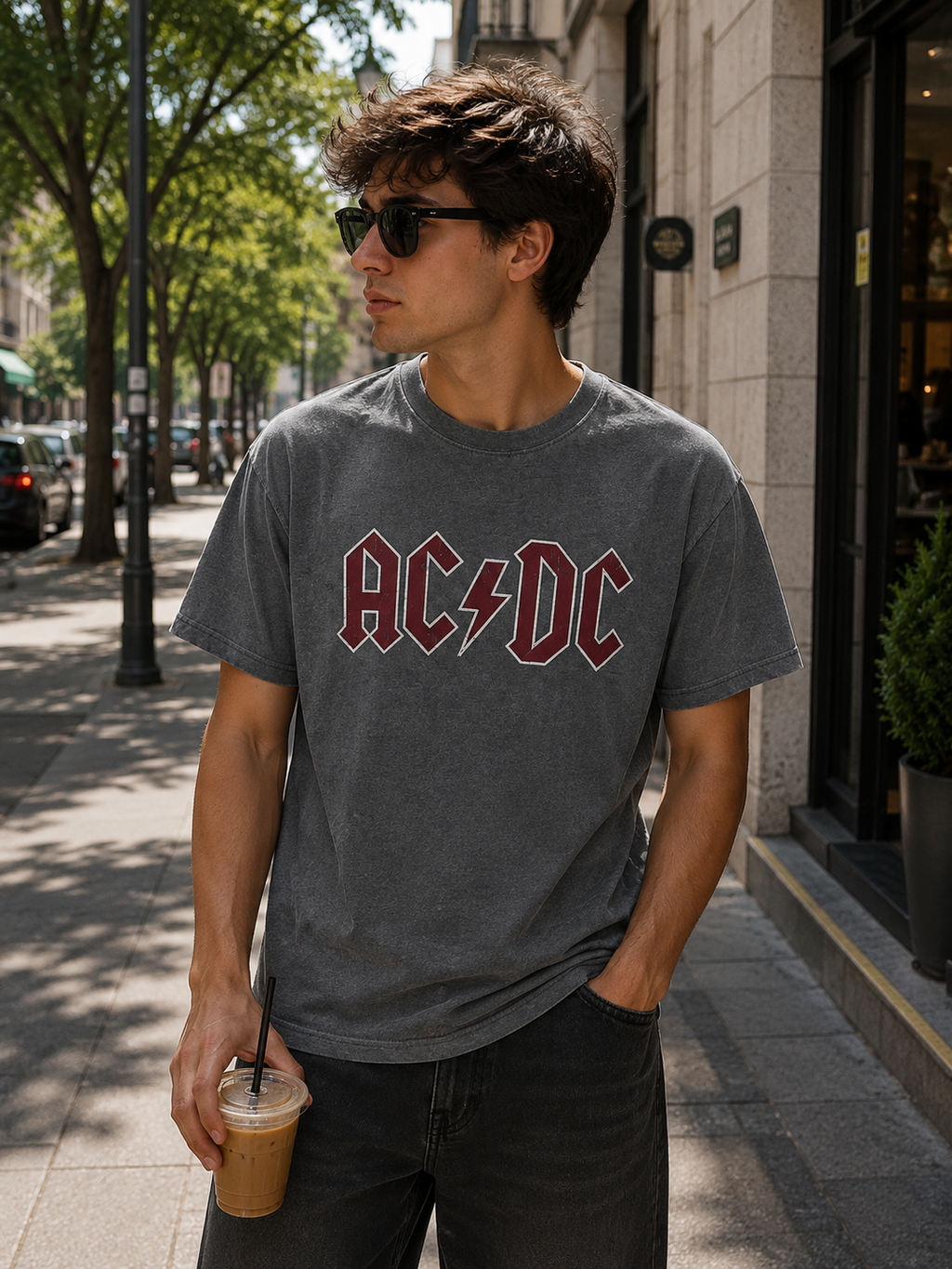 H&M AC/DC Ανδρικό T-Shirt Μπλουζάκι – Γκρι-S