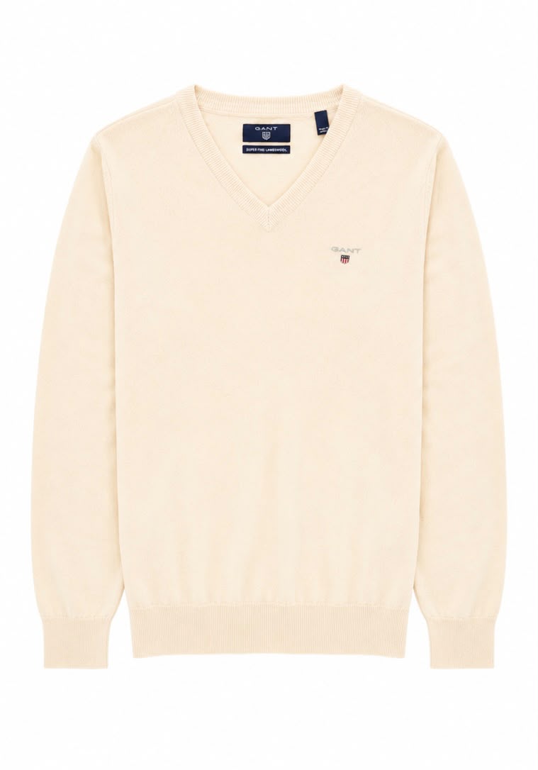 GANT Super Fine Lambswool Ανδρικό Πλεκτό V-Neck Εκρού-S