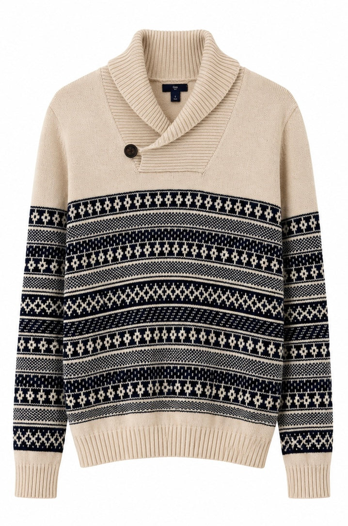 GAP Fair Isle Shawl Collar Sweater – Cream/Navy-L