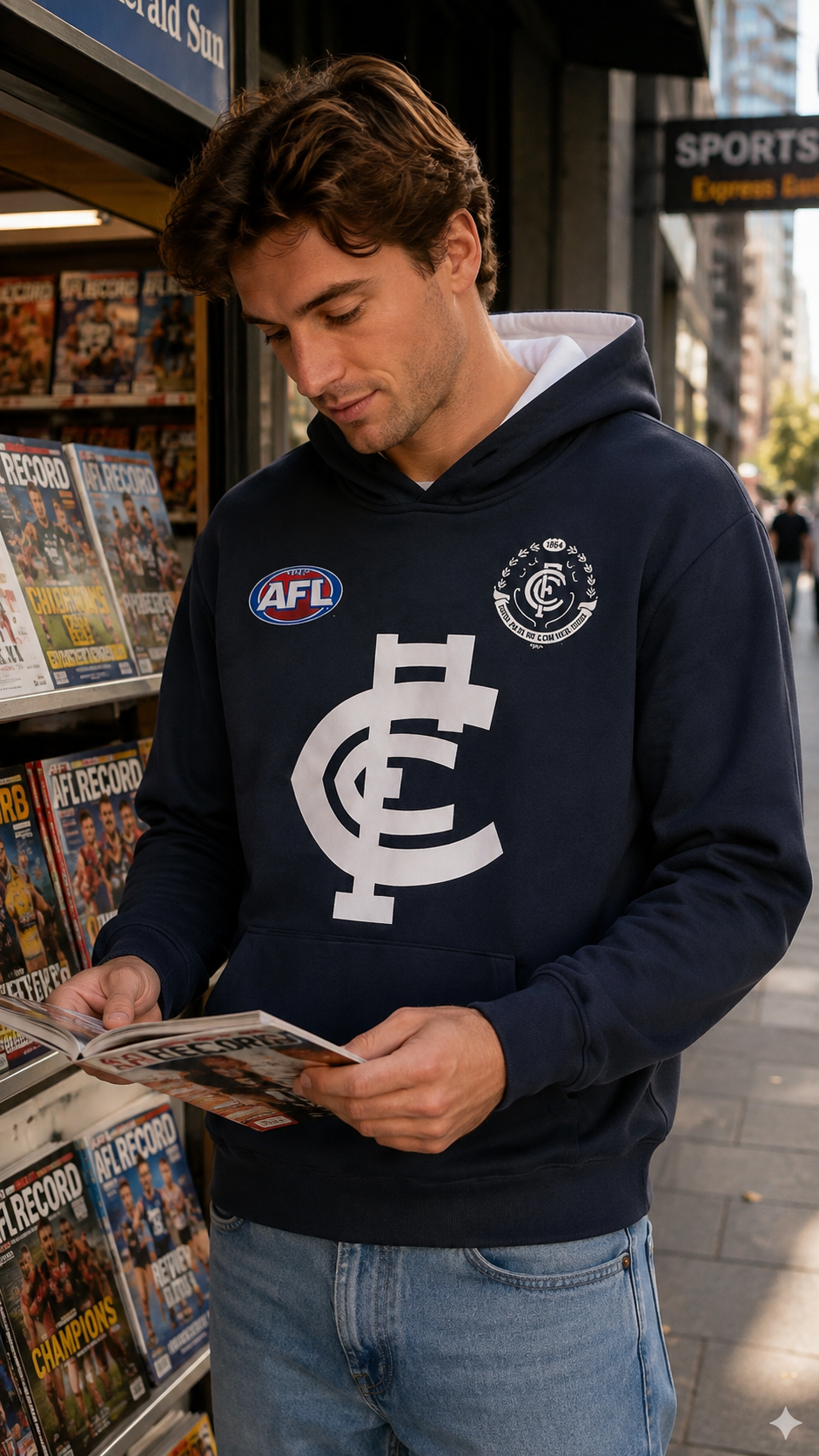 Carlton AFL Ανδρικό Φούτερ με Κουκούλα – Navy Μπλε-S