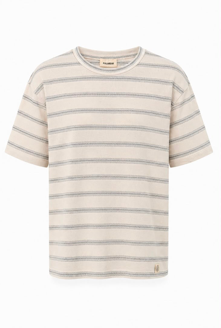 Pull&Bear Ανδρικό Ριγέ Μπλουζάκι – Εκρού – M