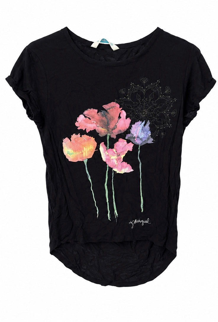 Desigual Γυναικείο Floral T-Shirt – Μαύρο-XS