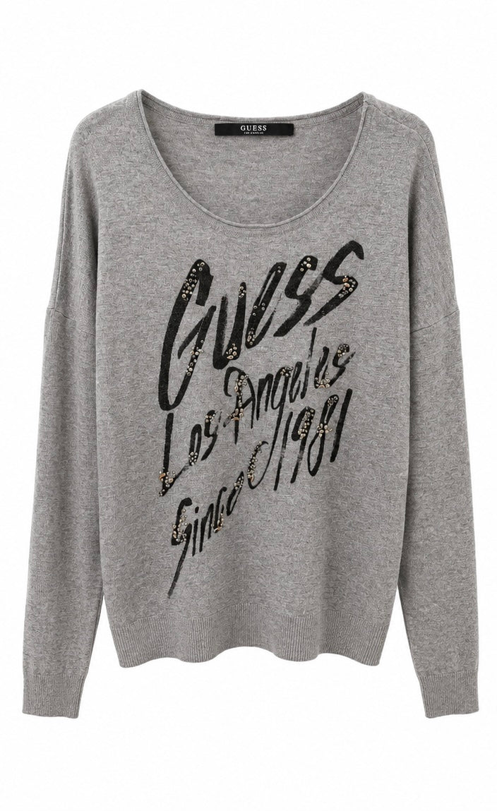 Guess Γυναικεία Πλεκτή Μπλούζα με Logo & Παγιέτες – Γκρι-L