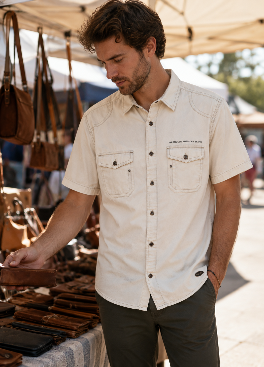 Wrangler Ανδρικό Κοντομάνικο Πουκάμισο – Εκρού – M