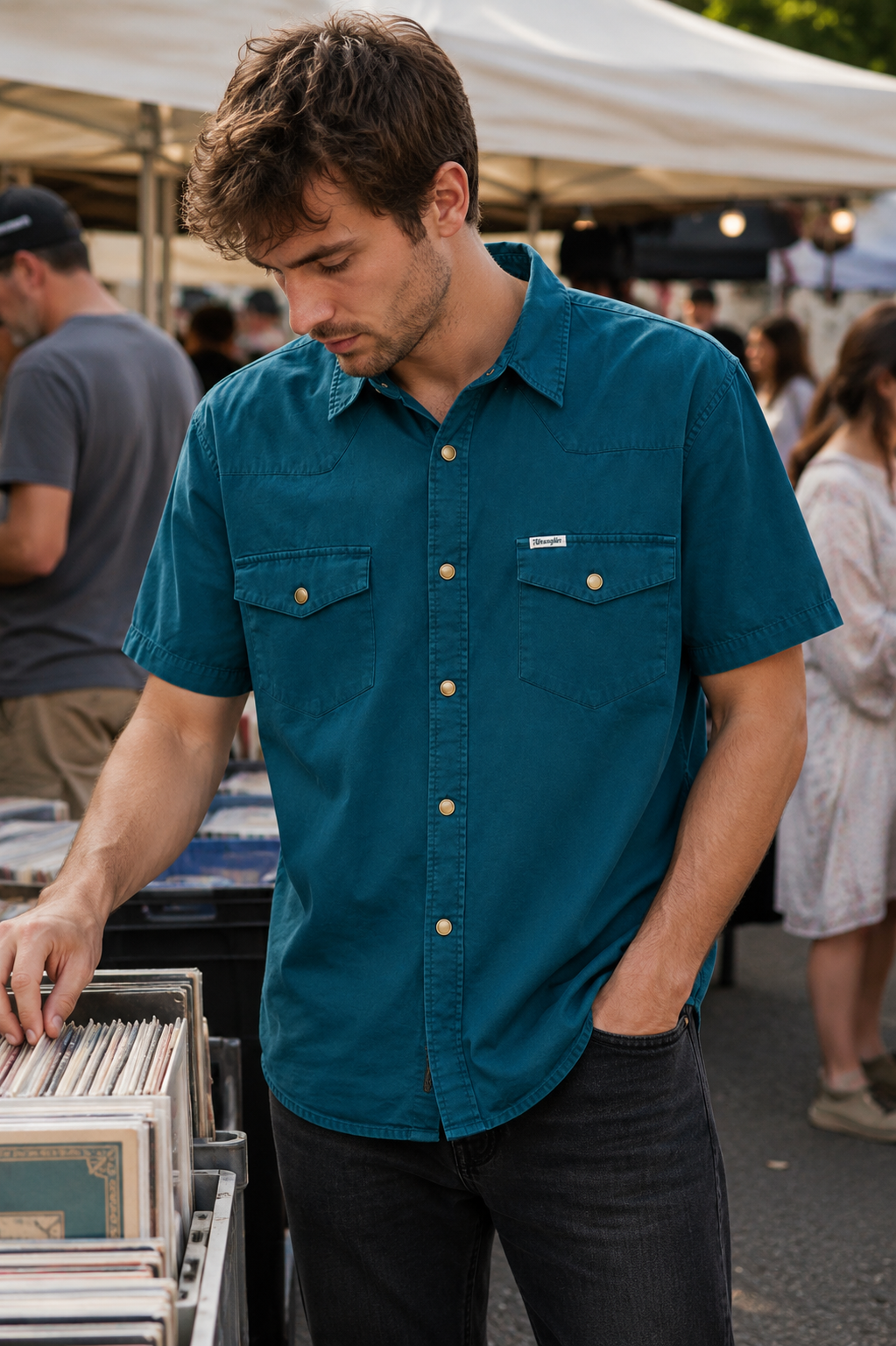 Wrangler Ανδρικό Κοντομάνικο Πουκάμισο Western – Πετρόλ – XL